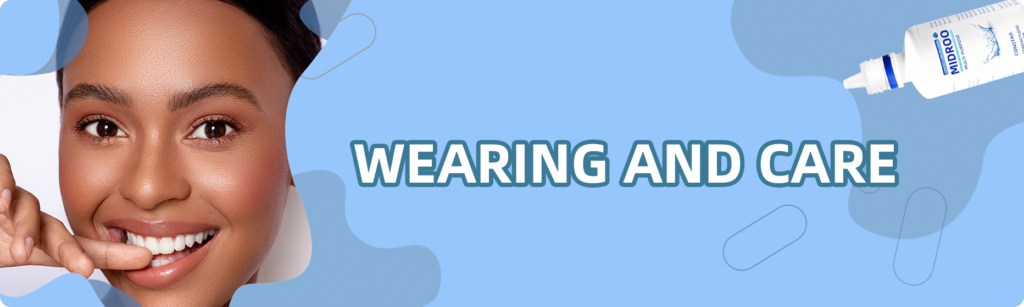 Smiling woman with a contact lens care solution bottle, banner titled “Wearing and Care”.