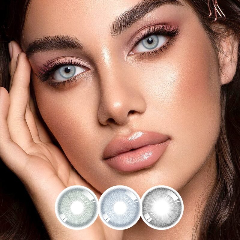 Image of a European and American Model Wearing Gray-Toned Mixed-Race Cosmetic Contact Lenses, Showcasing Four Types of Contact Lenses: Different Light Grays, Light Blue, and Light Green